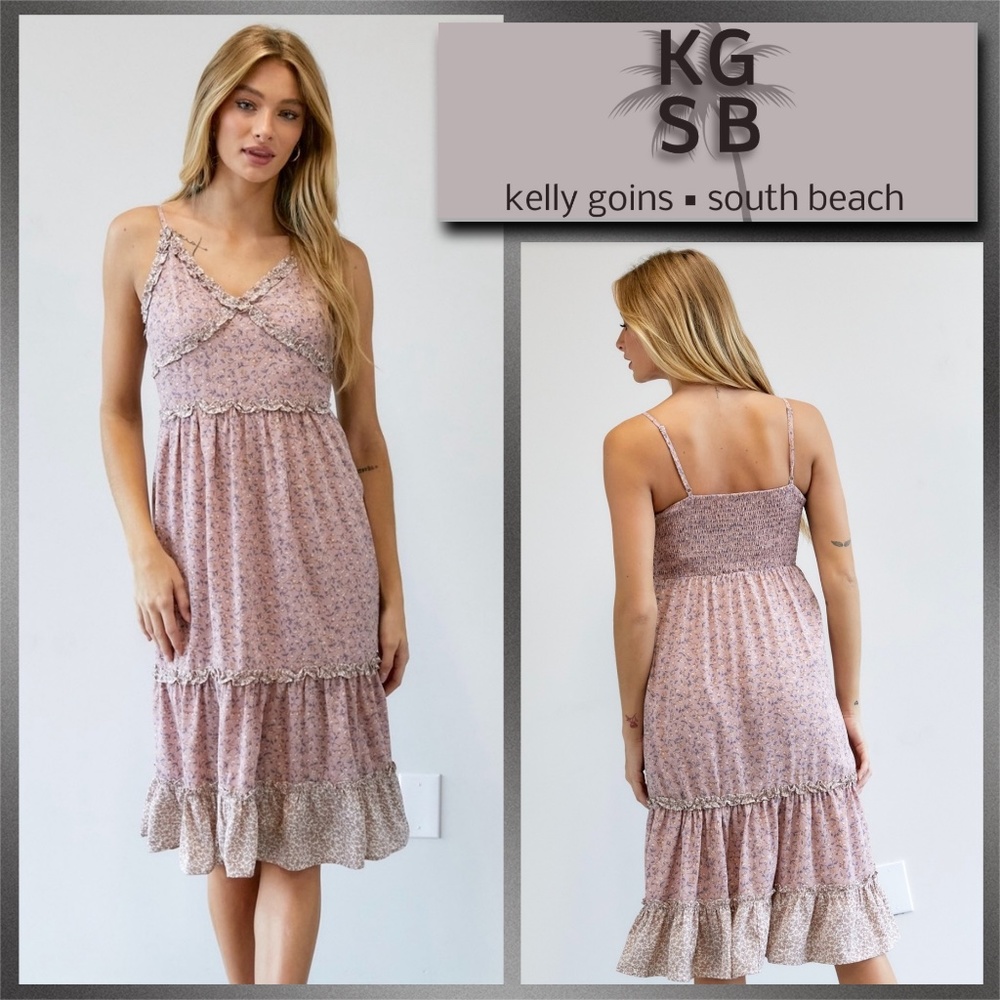 📌 DAVI&DANI Sexy Smocked Back Ruffle Trim Lined Midi Sundress Adjustable Straps